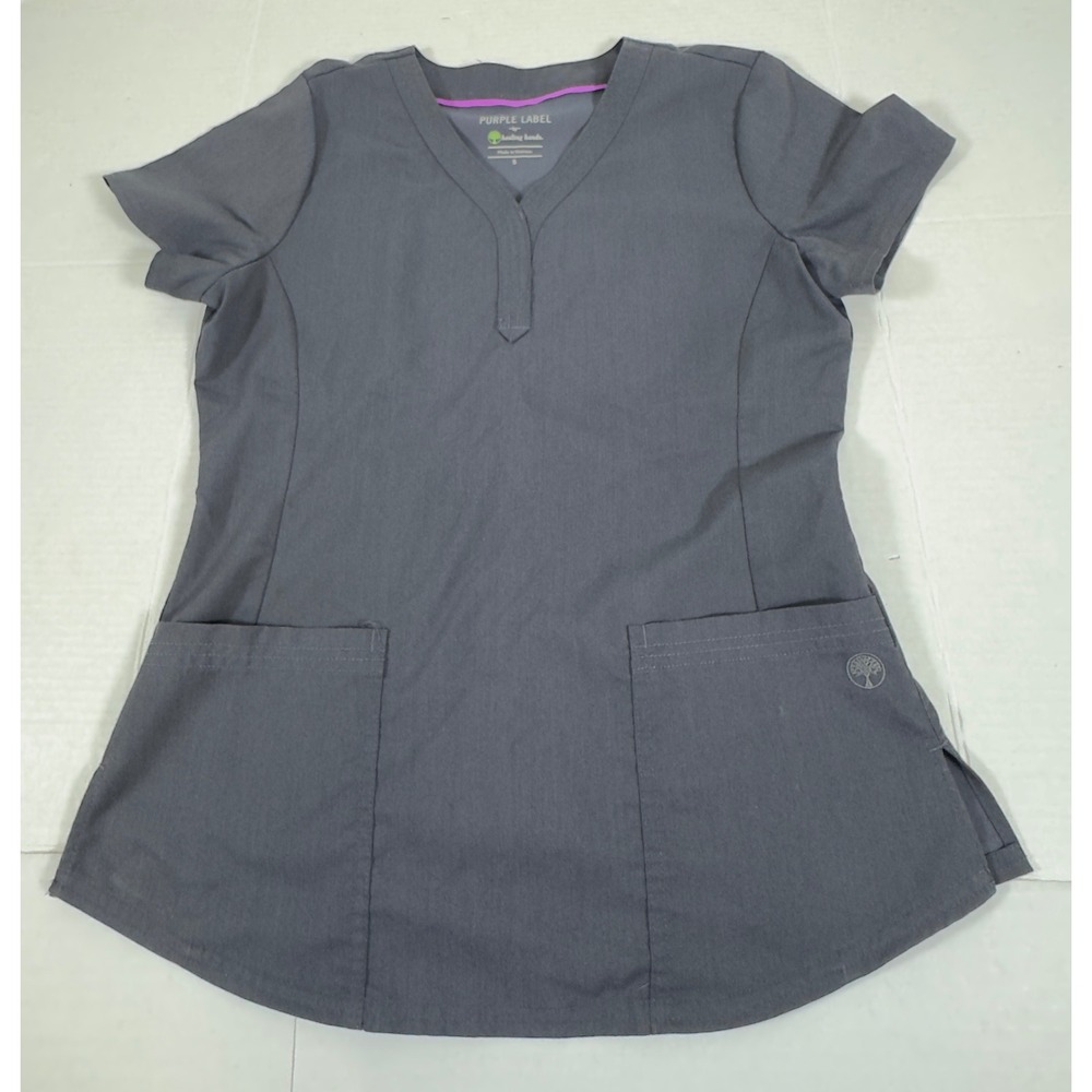 Healing Hands Purple Label Scrub Top Womens Small Gray Excellent Y-Neck